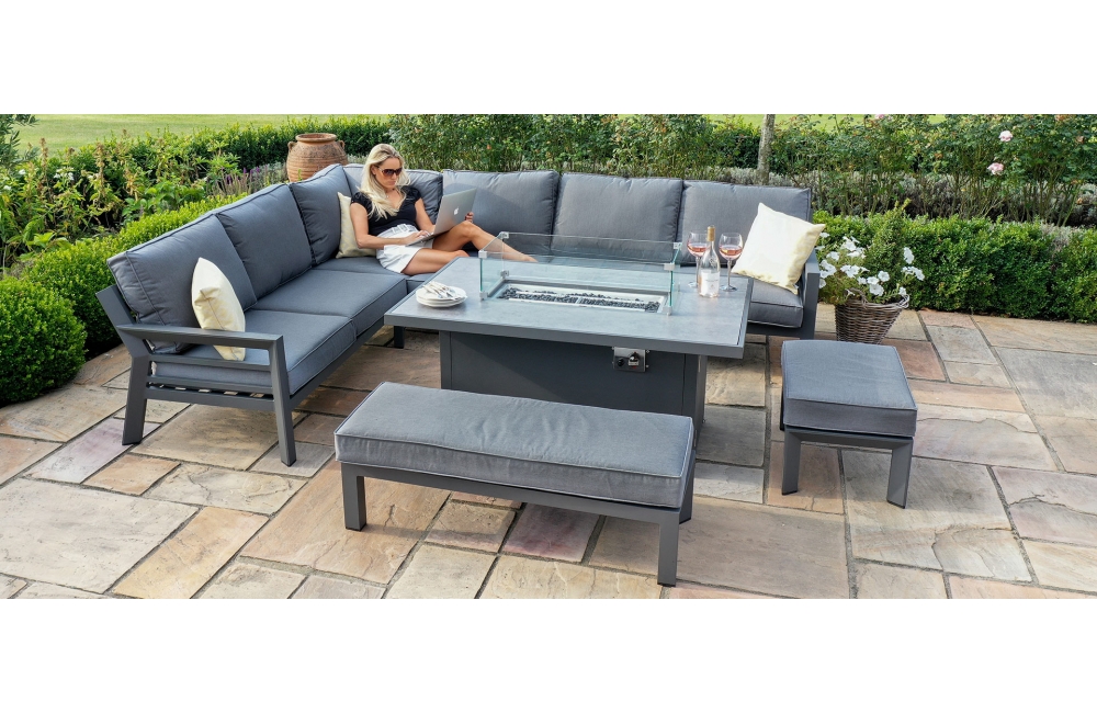 New York Corner Dining Set With Firepit Table - Corner Garden Furniture With Fire Pit Table